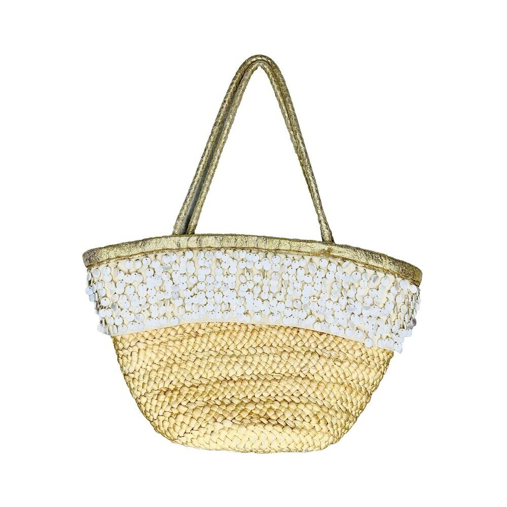 Sigrid Olsen Tote Bag Womens Gold Trim White Sequins Beach Resort Straw Woven